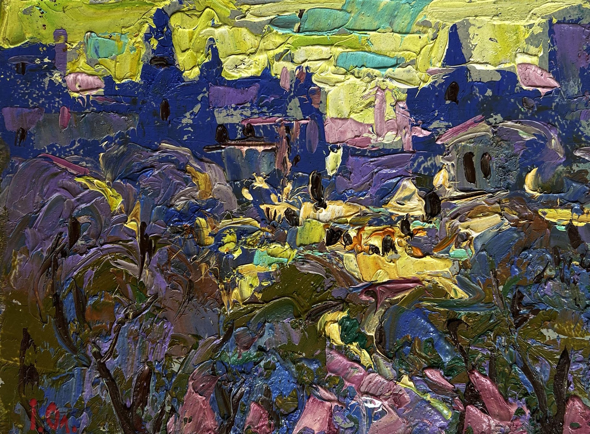 Vibrant Oleksiy Ivanyuk oil painting of yellow sunset cityscape with impasto strokes