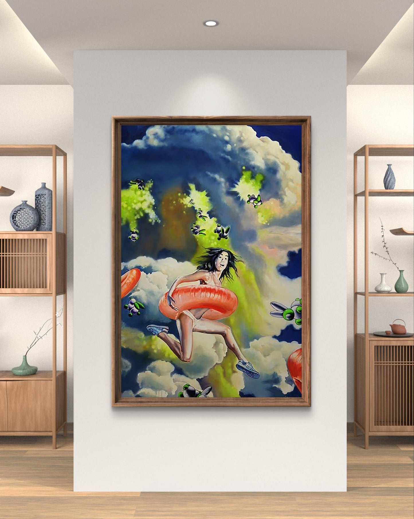 Surreal oil painting by Igor Konovalov: woman with orange ring amid clouds