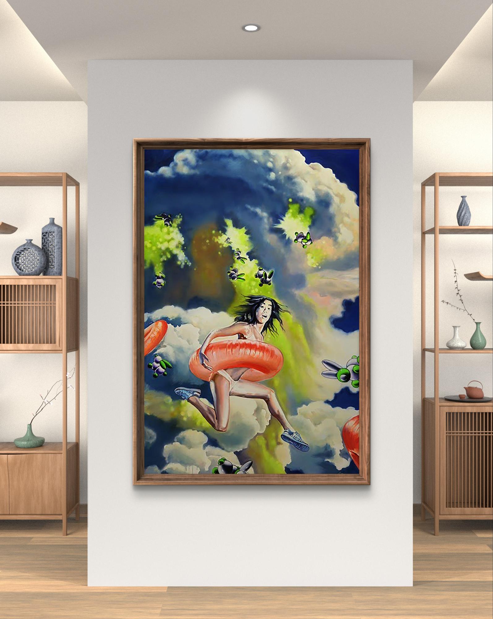 Surreal oil painting by Igor Konovalov: woman with orange ring amid clouds