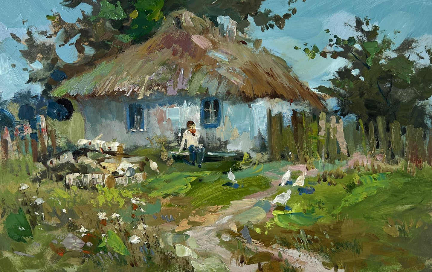 Oil painting Thoughts on the bench by Yuriy Suprunchuk: rustic thatched cottage