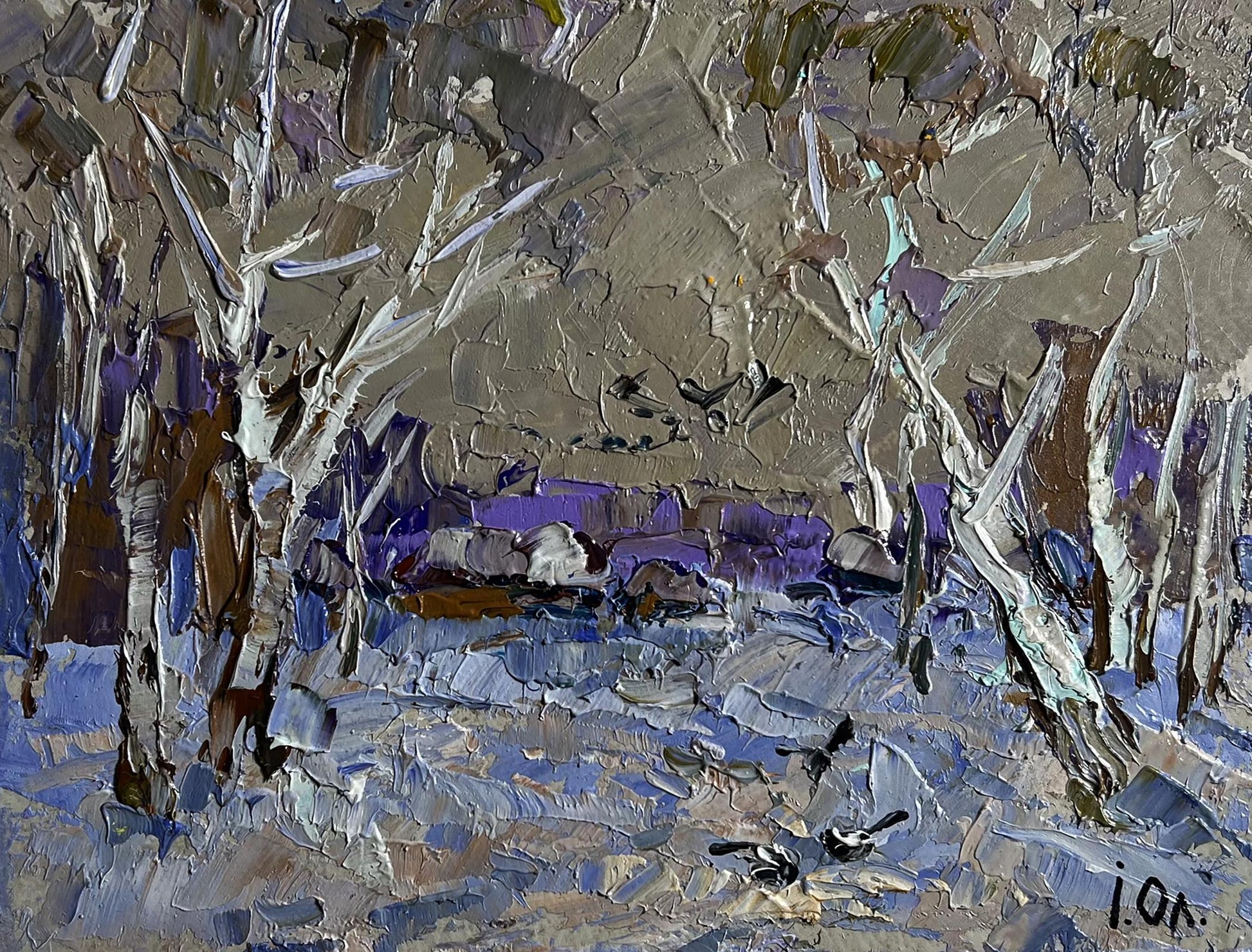 Oil painting Snowy path to village by Oleksiy Ivanyuk winter forest scene