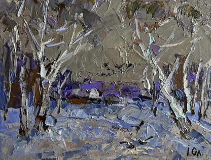 Oil painting Snowy path to village by Oleksiy Ivanyuk winter forest scene