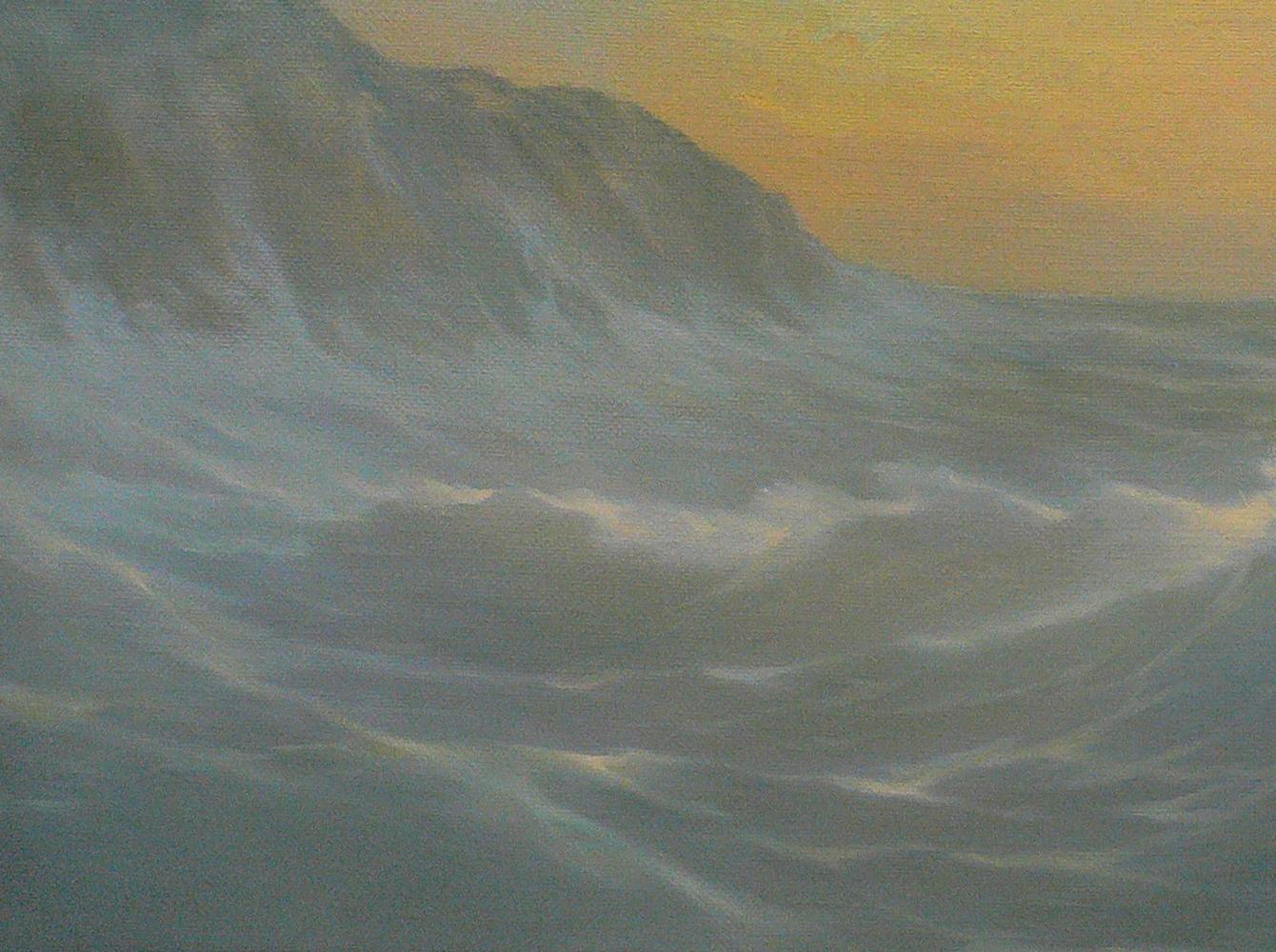 Oil painting Evening waves by Vasily Korkishko: stormy waves on cliff at sunset