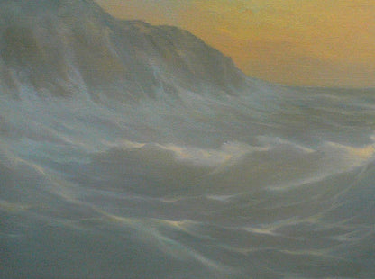 Oil painting Evening waves by Vasily Korkishko: stormy waves on cliff at sunset