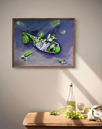 Green and white abstract airplane oil painting by Igor Konovalov in wooden frame
