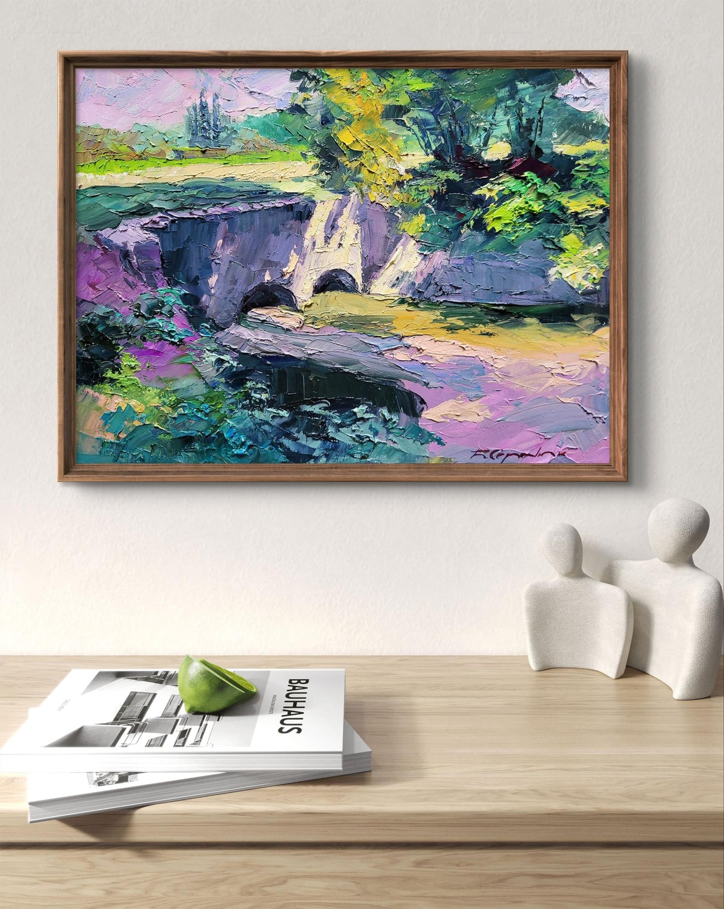 Oil painting Dam Boris Serdyuk: impressionist bridge over water in frame