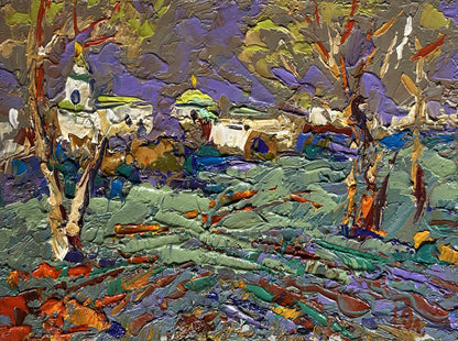 Vibrant Oleksiy Ivanyuk oil painting of village under dynamic evening sky