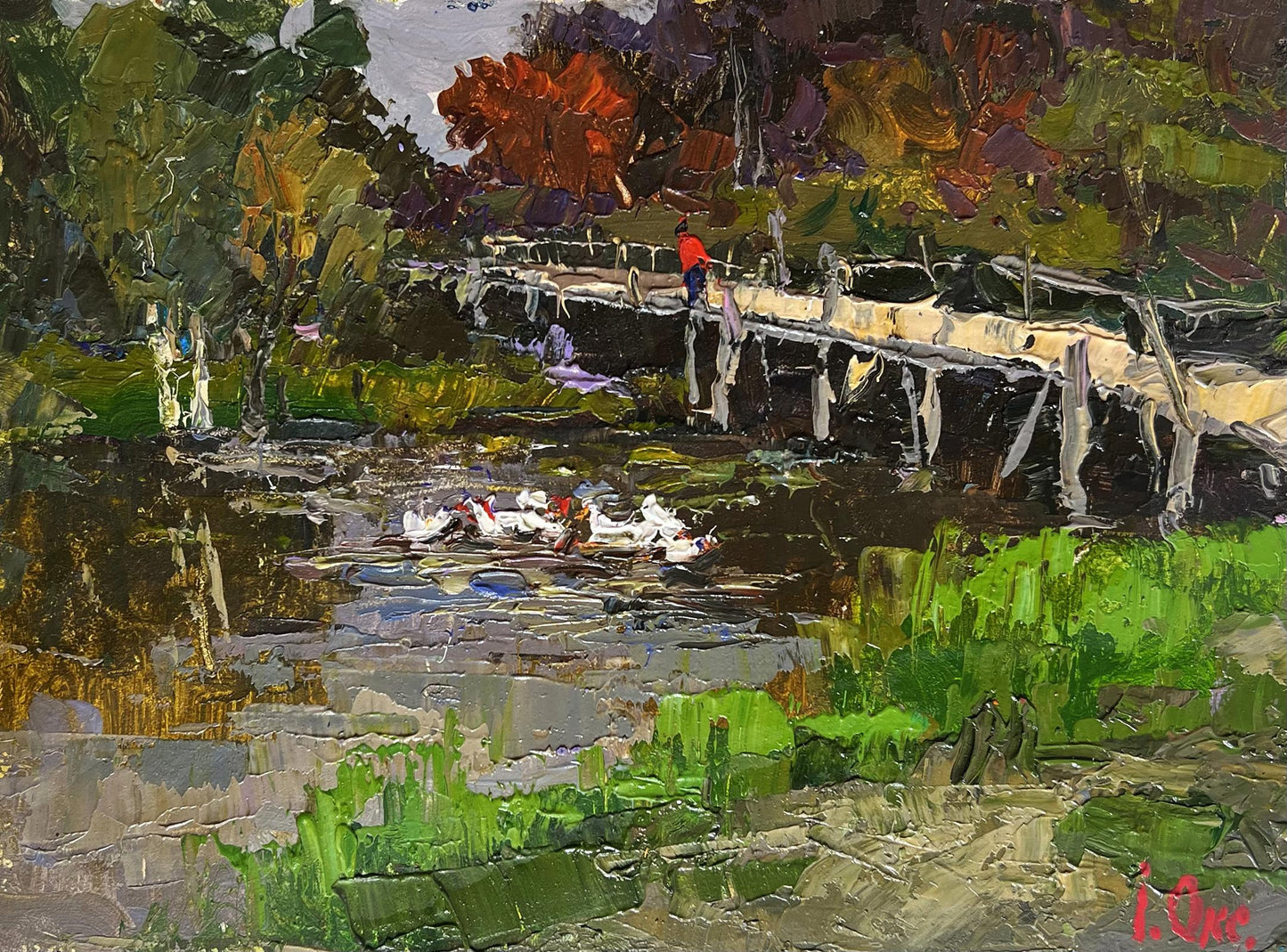 Oil painting by Oksana Ivanyuk: ducks on lake near rustic bridge