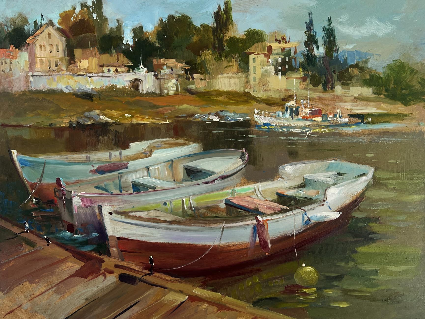 Oil painting of white red rowboat on calm water by Yuriy Suprunchuk
