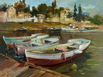 Oil painting of white red rowboat on calm water by Yuriy Suprunchuk