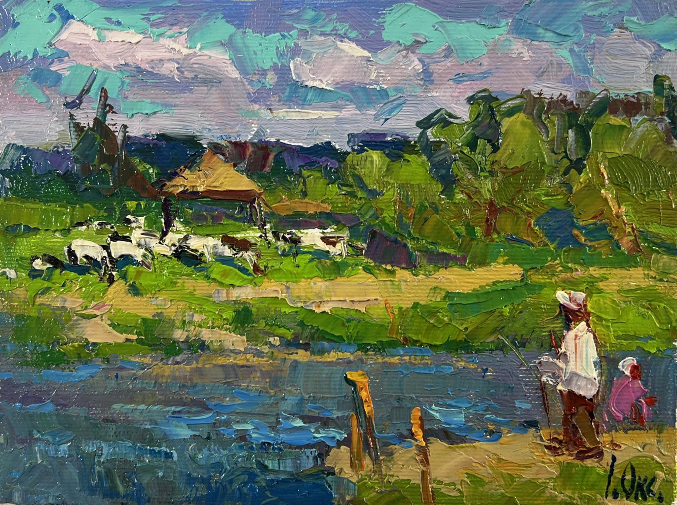 Vibrant impressionist oil painting By the Summer River by Oksana Ivanyuk