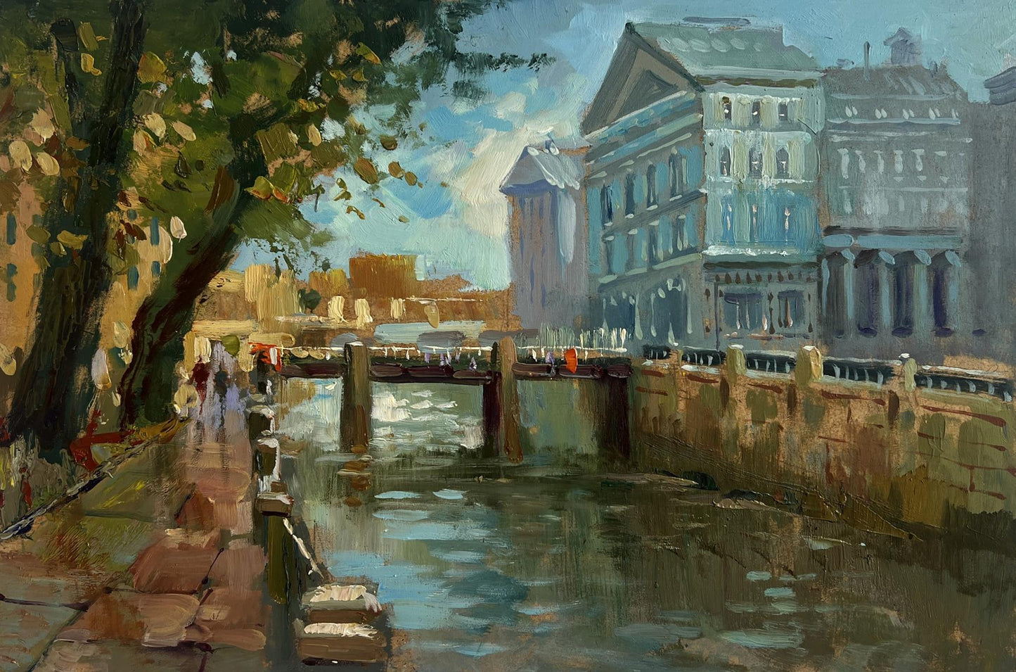 Serene impressionist oil painting of city canal by Yuriy Suprunchuk