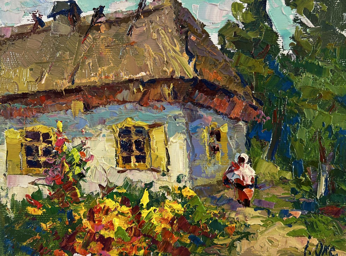 Oil painting of charming white thatched cottage by Oksana Ivanyuk