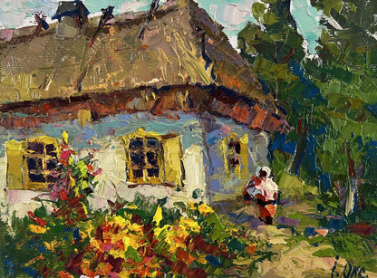 Oil painting of charming white thatched cottage by Oksana Ivanyuk