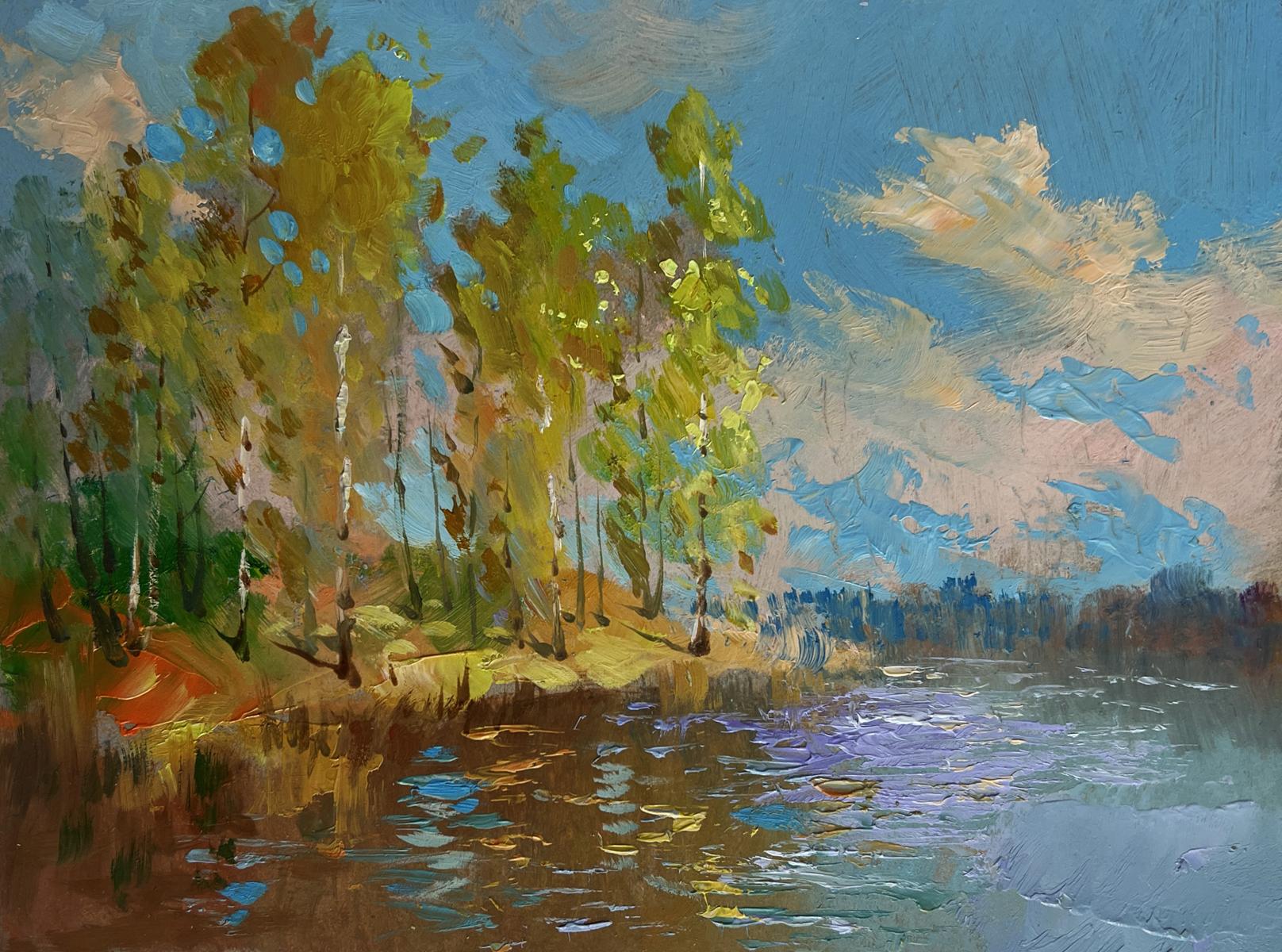 Vibrant impressionistic oil painting Reflection of autumn in river by Yuriy Suprunchuk