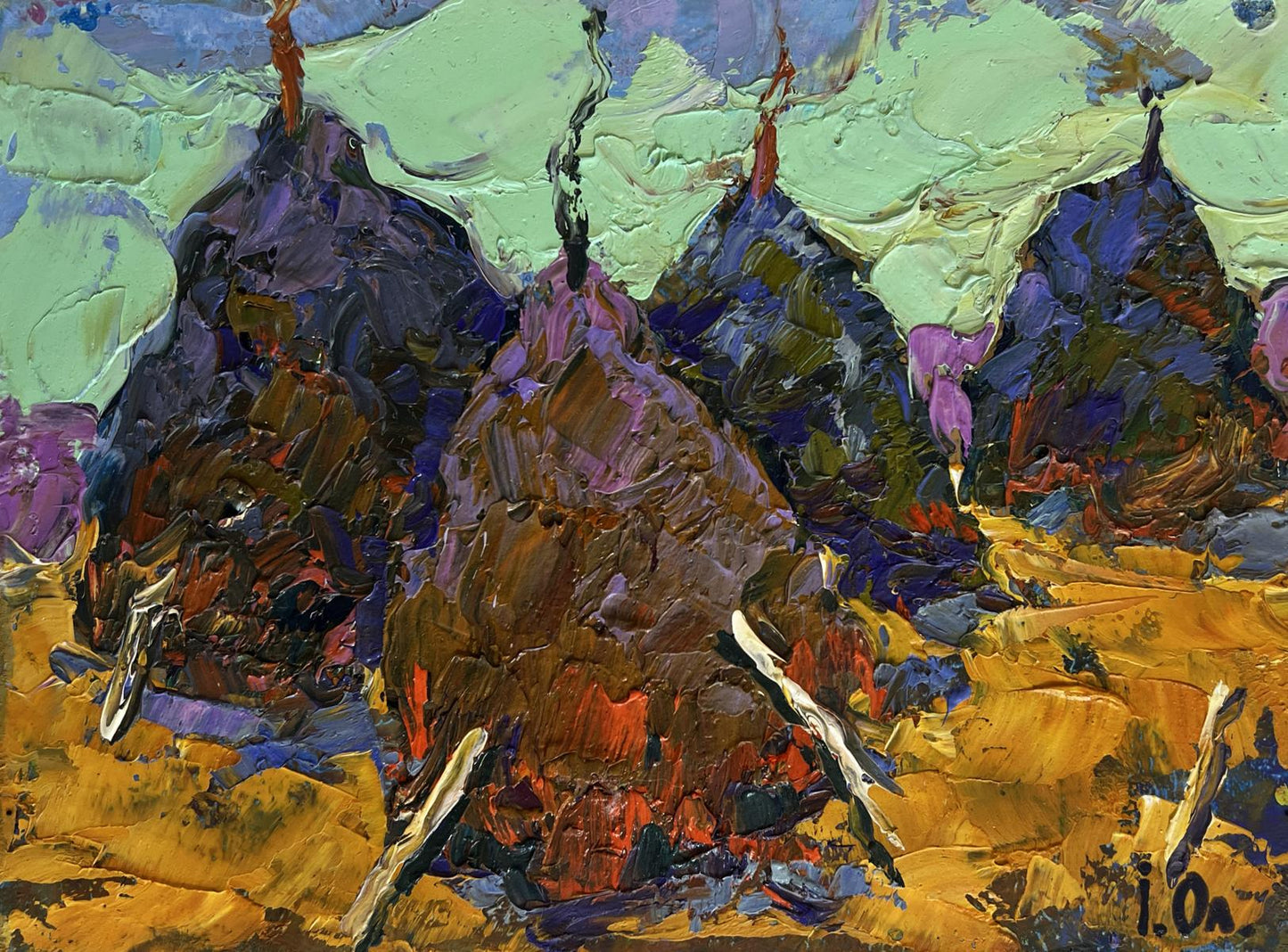 Vibrant impressionist oil painting of haystacks by Oleksiy Ivanyuk