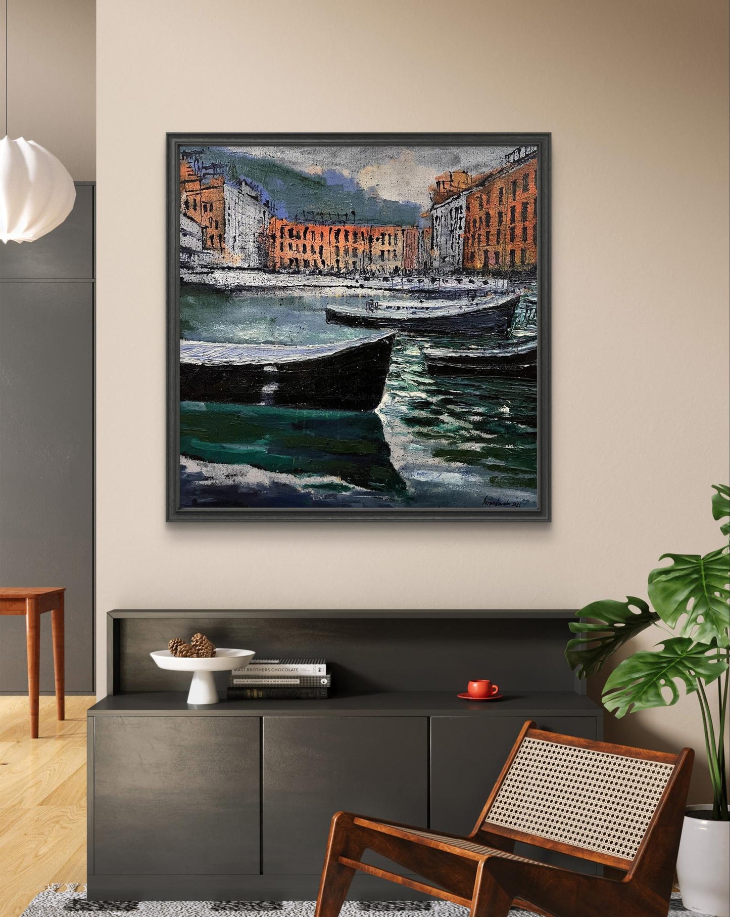 Oil painting of harbor scene by Serhiy Kovalev in black frame