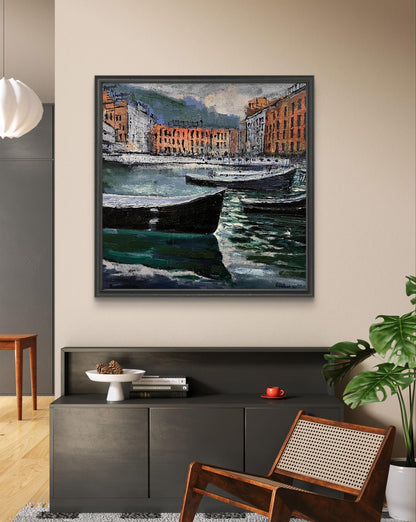 Oil painting of harbor scene by Serhiy Kovalev in black frame