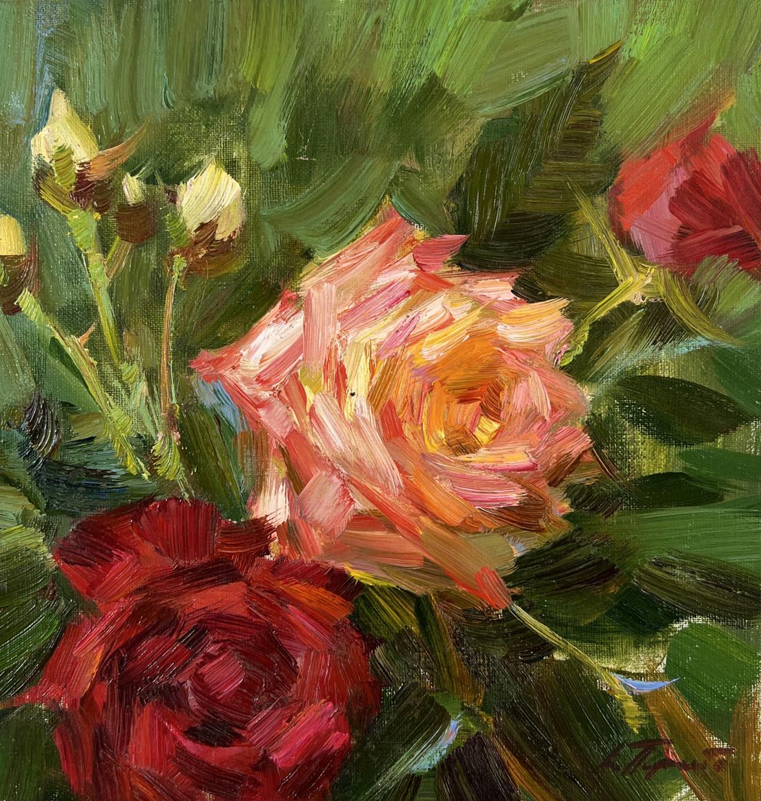 Oil painting Summer roses in the garden by Vyacheslav Pereta