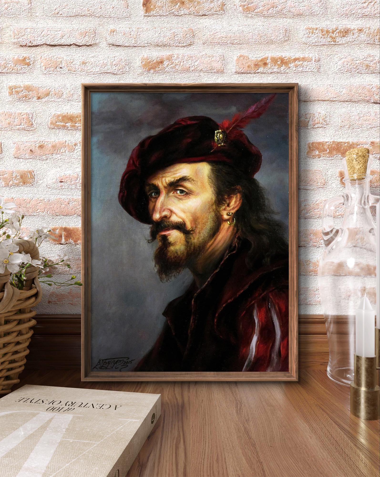 Framed oil portrait of bearded man in red feather hat by Valeriy Bulat