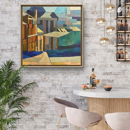 Framed abstract oil painting Industrial part by Serhiy Kovalev in oranges blues browns