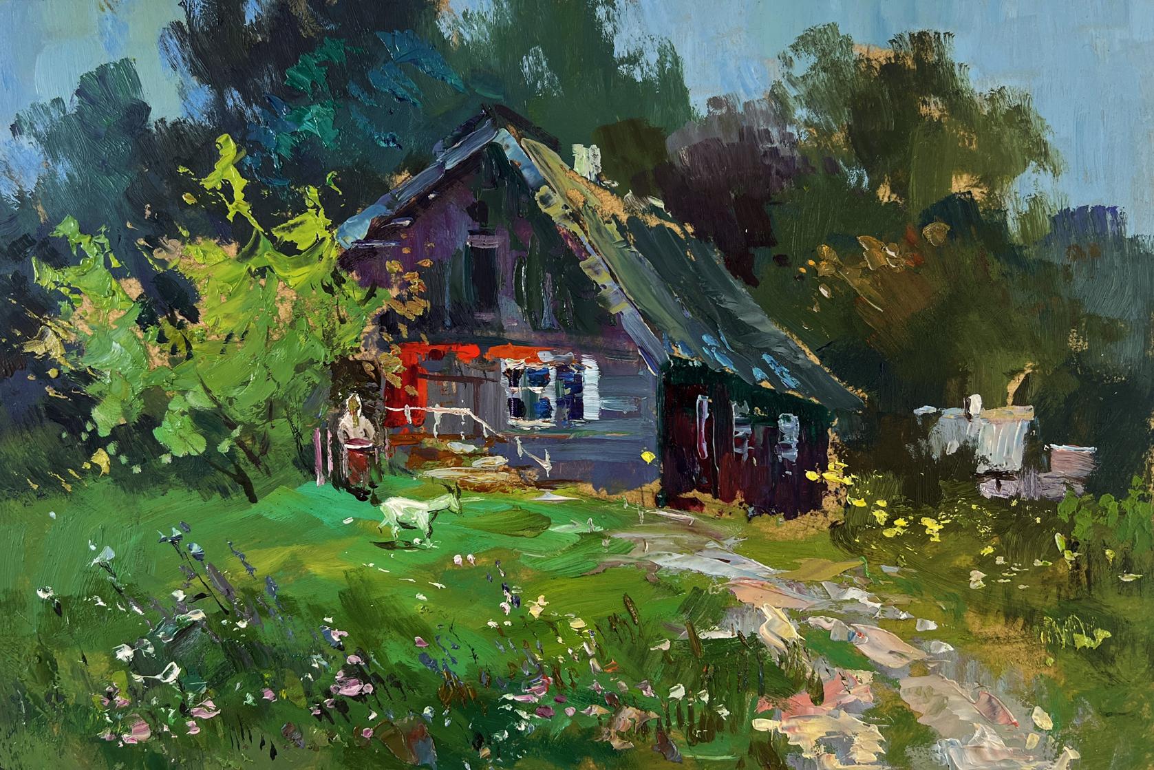 Oil painting of lonely rustic house on green hill by Yuriy Suprunchuk