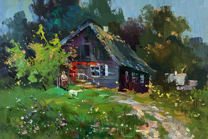 Oil painting of lonely rustic house on green hill by Yuriy Suprunchuk