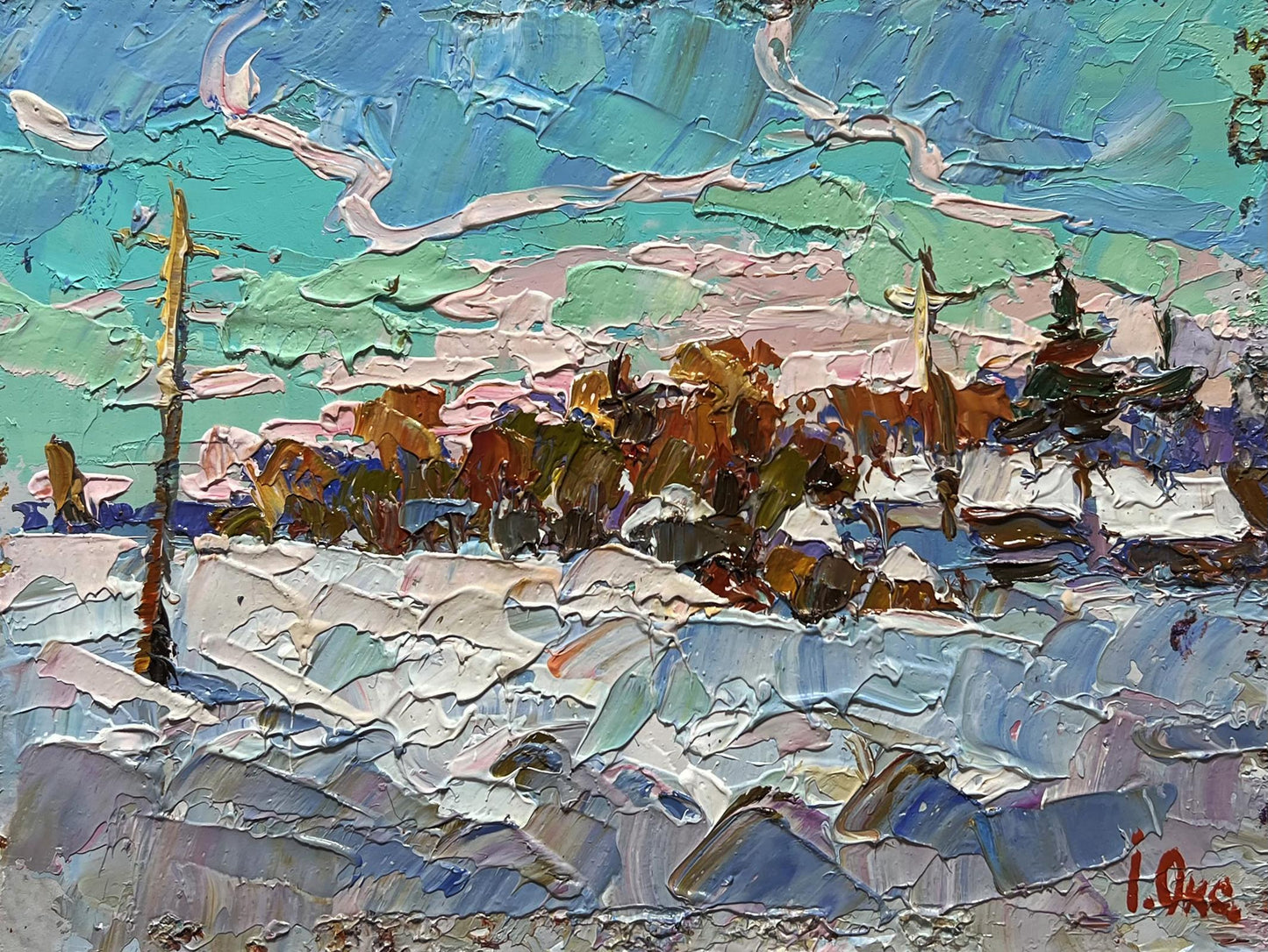 Textured impressionist oil painting After the night snow storm by Oksana Ivanyuk