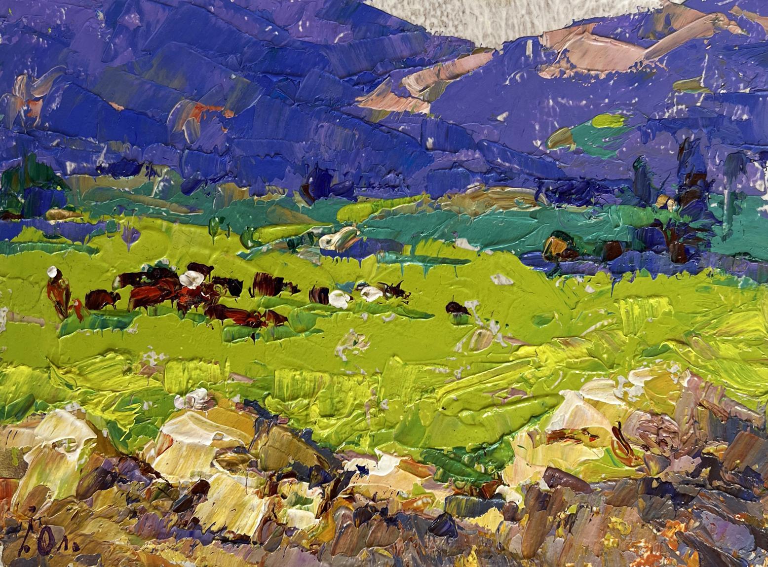 Vibrant Oleksiy Ivanyuk oil painting of sheep in spring meadows