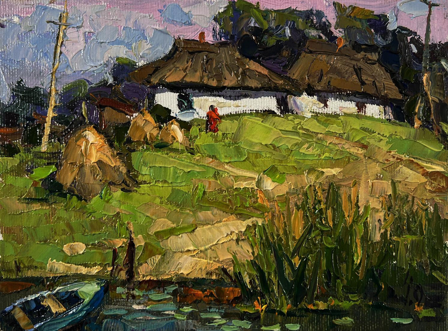 Oil painting of Oksana Ivanyuk village near swamps in terraced hills
