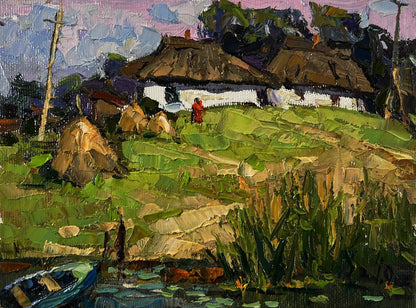Oil painting of Oksana Ivanyuk village near swamps in terraced hills