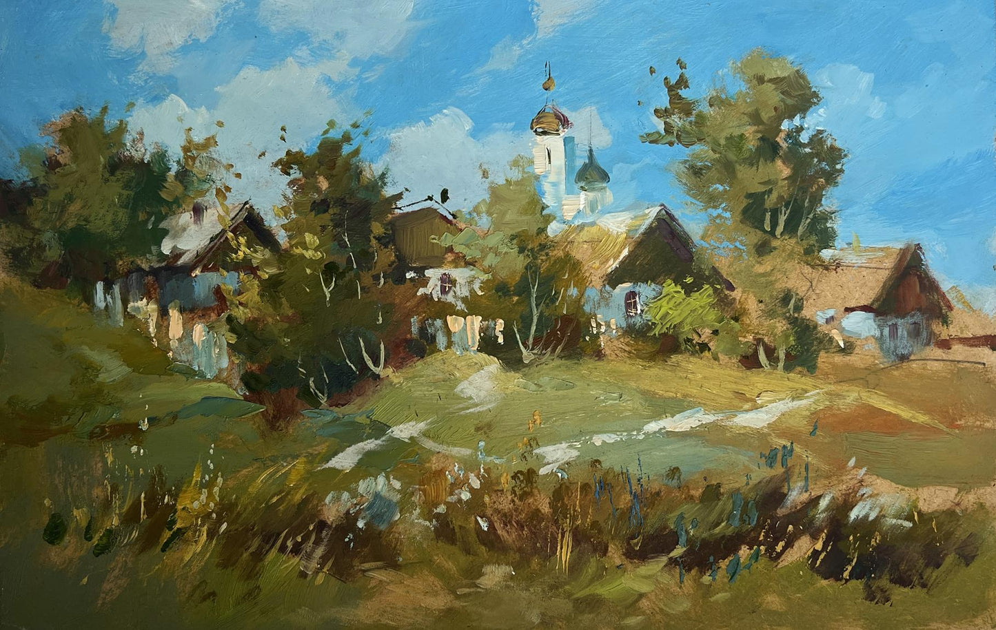 Vibrant impressionistic oil painting of Yuriy Suprunchuk village and church view