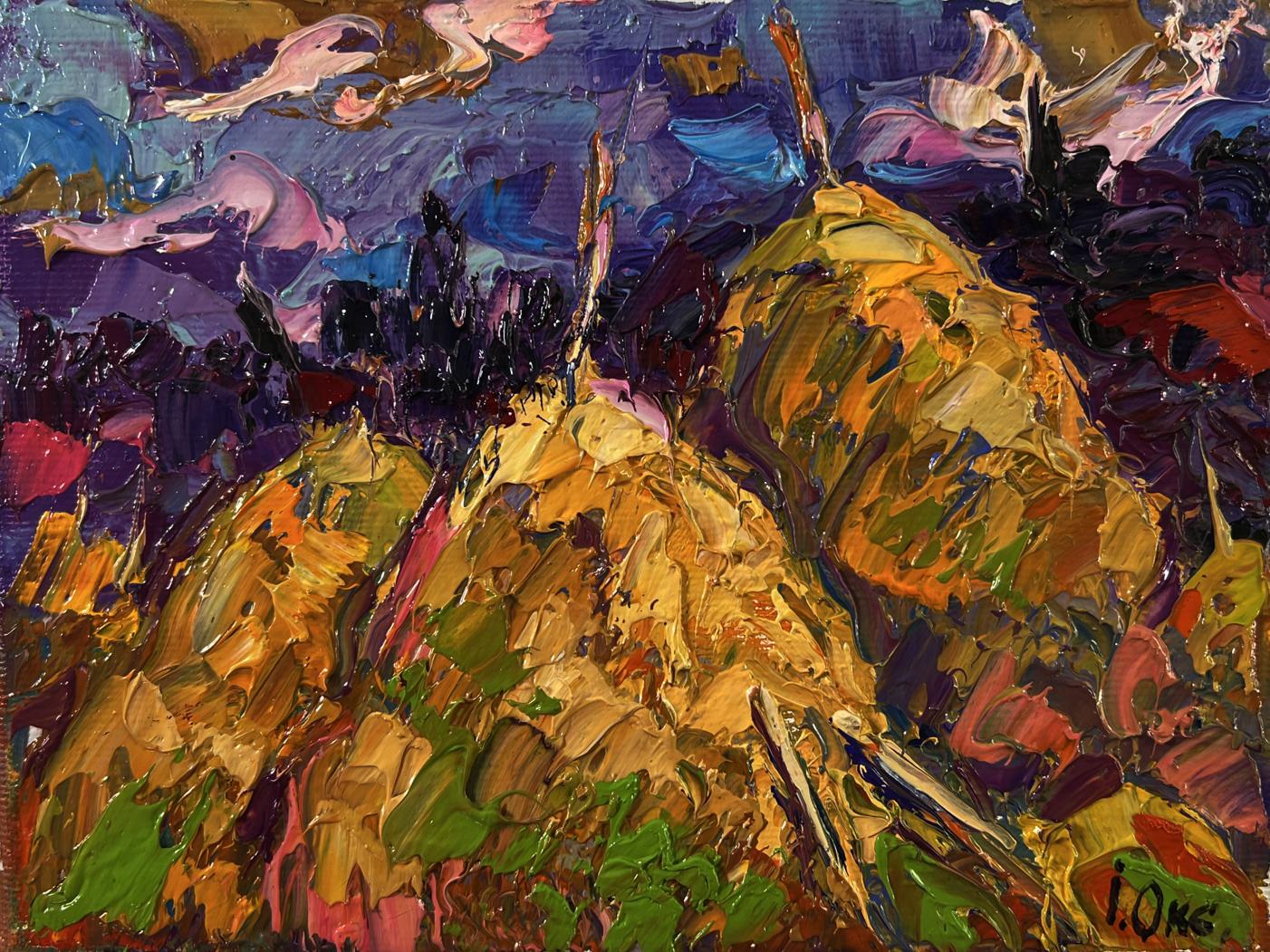 Vibrant impressionist oil painting Field with hay by Oksana Ivanyuk