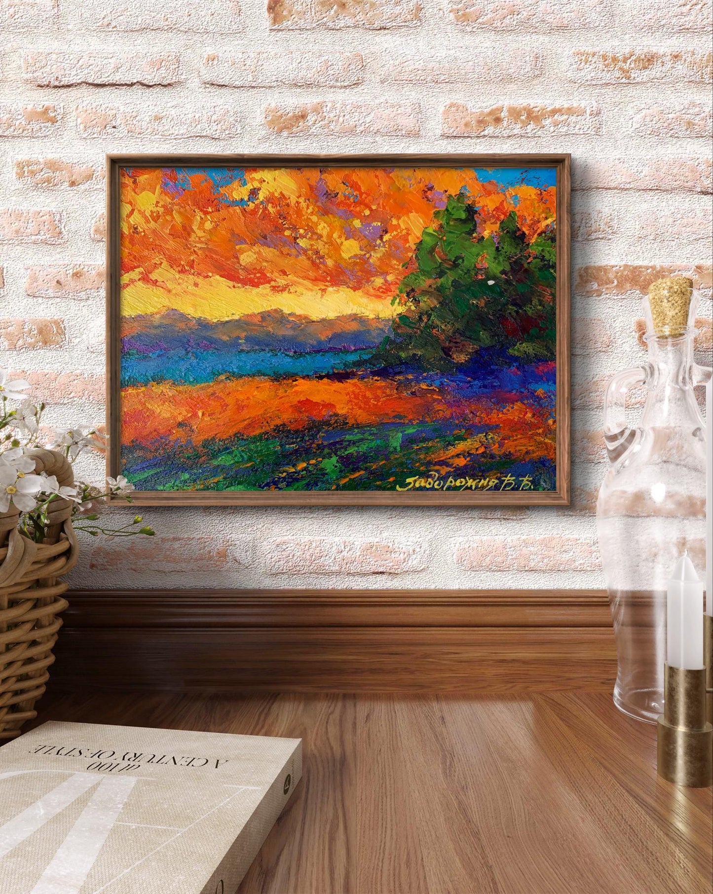 Vibrant Windy Evening oil painting by V. Zadorozhnya in wooden frame on brick wall