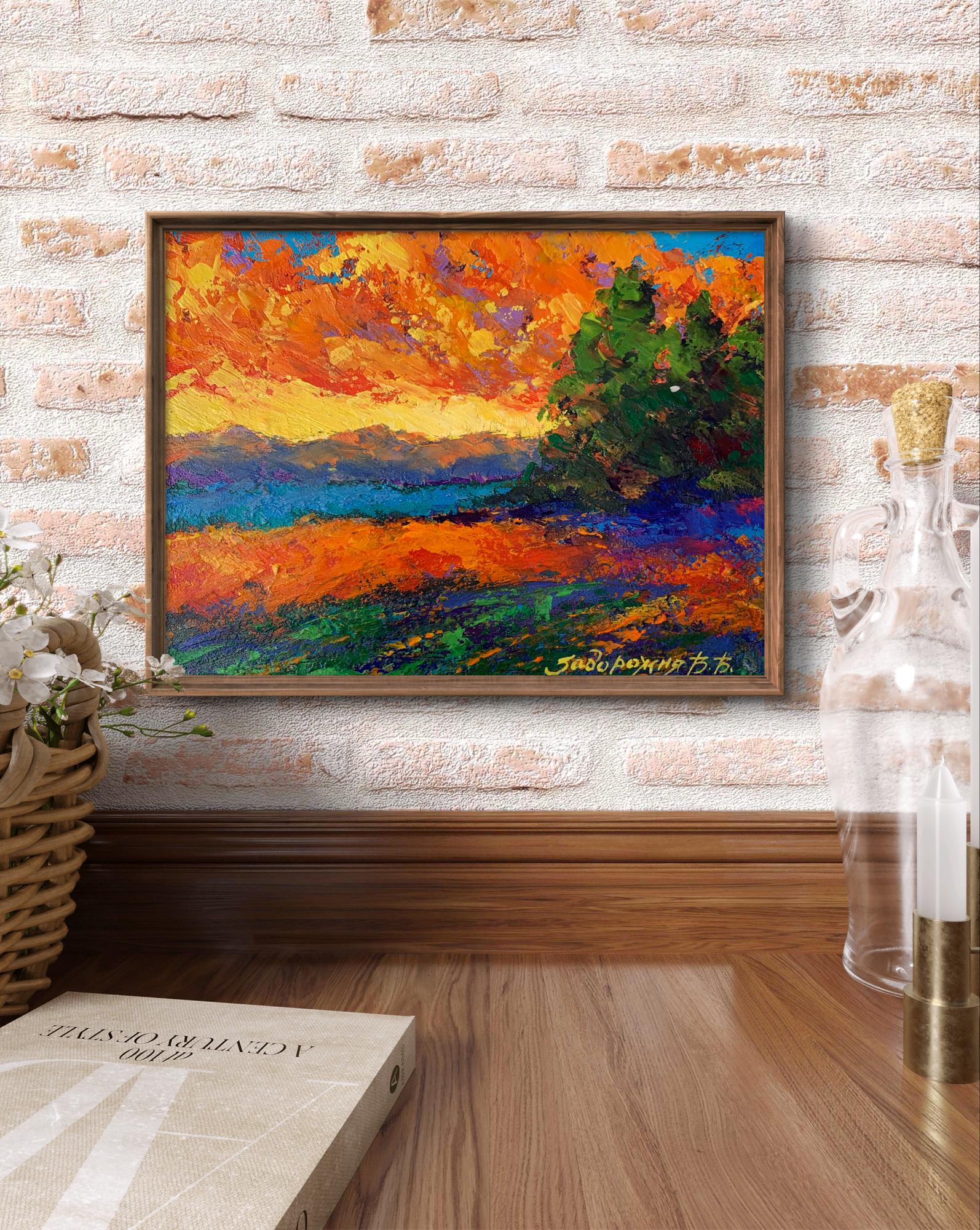 Vibrant Windy Evening oil painting by V. Zadorozhnya in wooden frame on brick wall