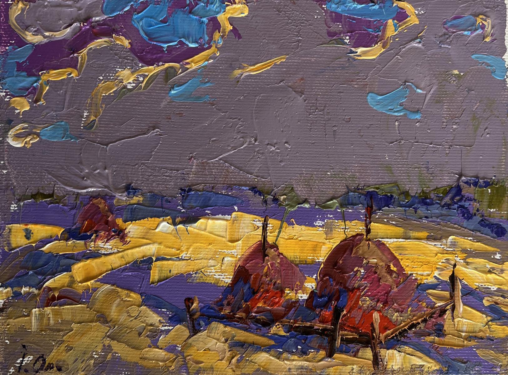 Vibrant impressionist coastal boats in purple blue yellow by Oleksiy Ivanyuk