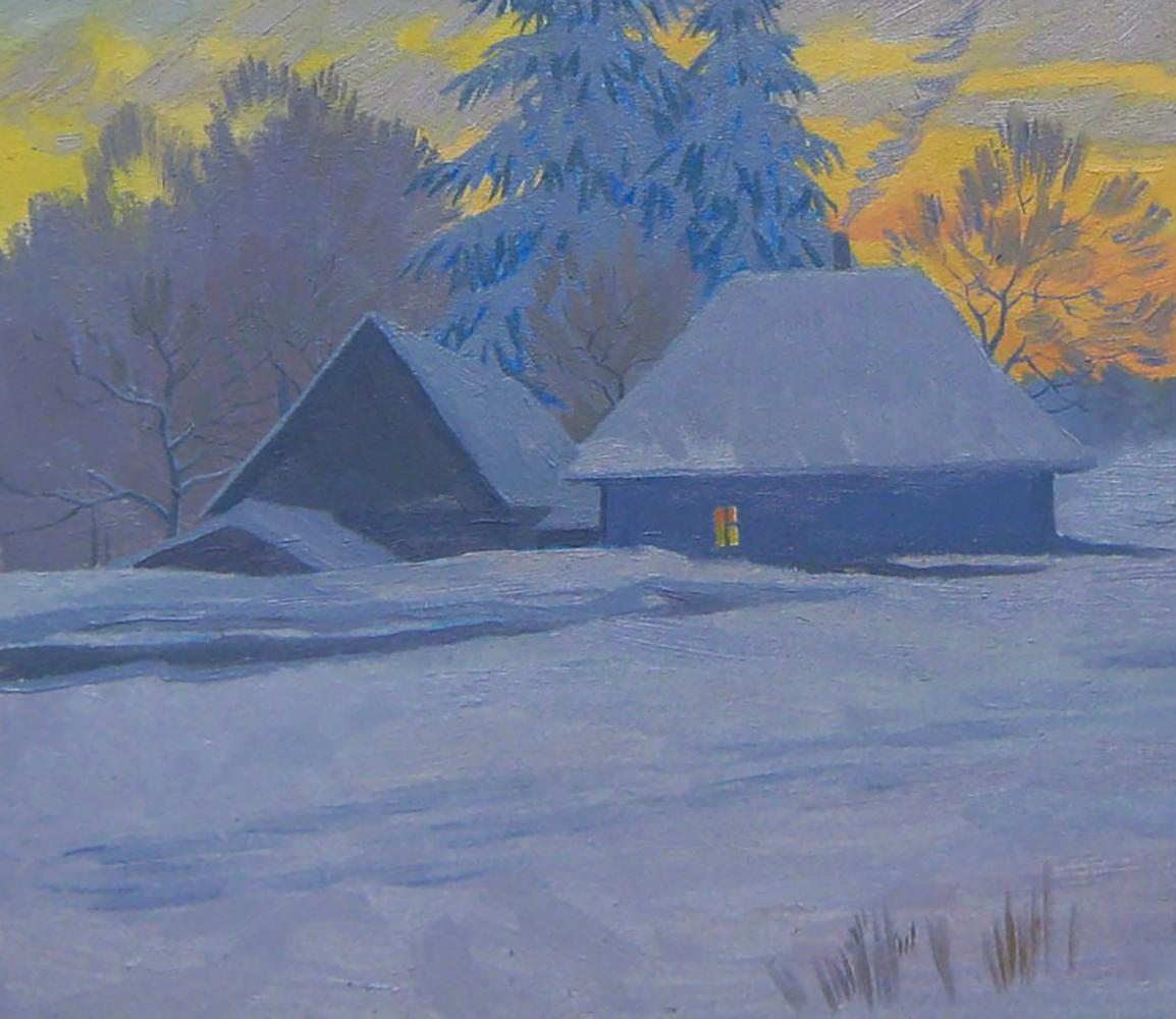 Oil painting Night after the storm by Valery Savenets: cozy blue cabin in snow