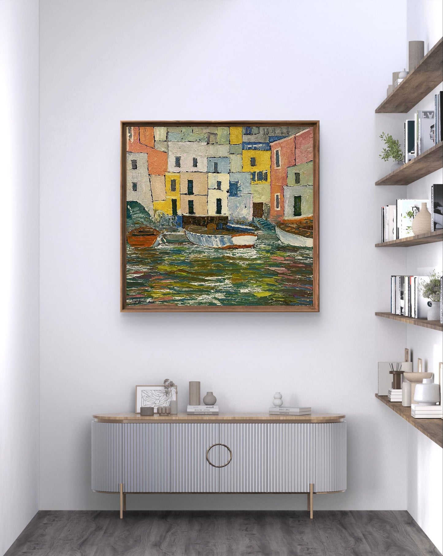 Framed Oil Painting Amplitude by Serhiy Kovalev, vibrant buildings and boats