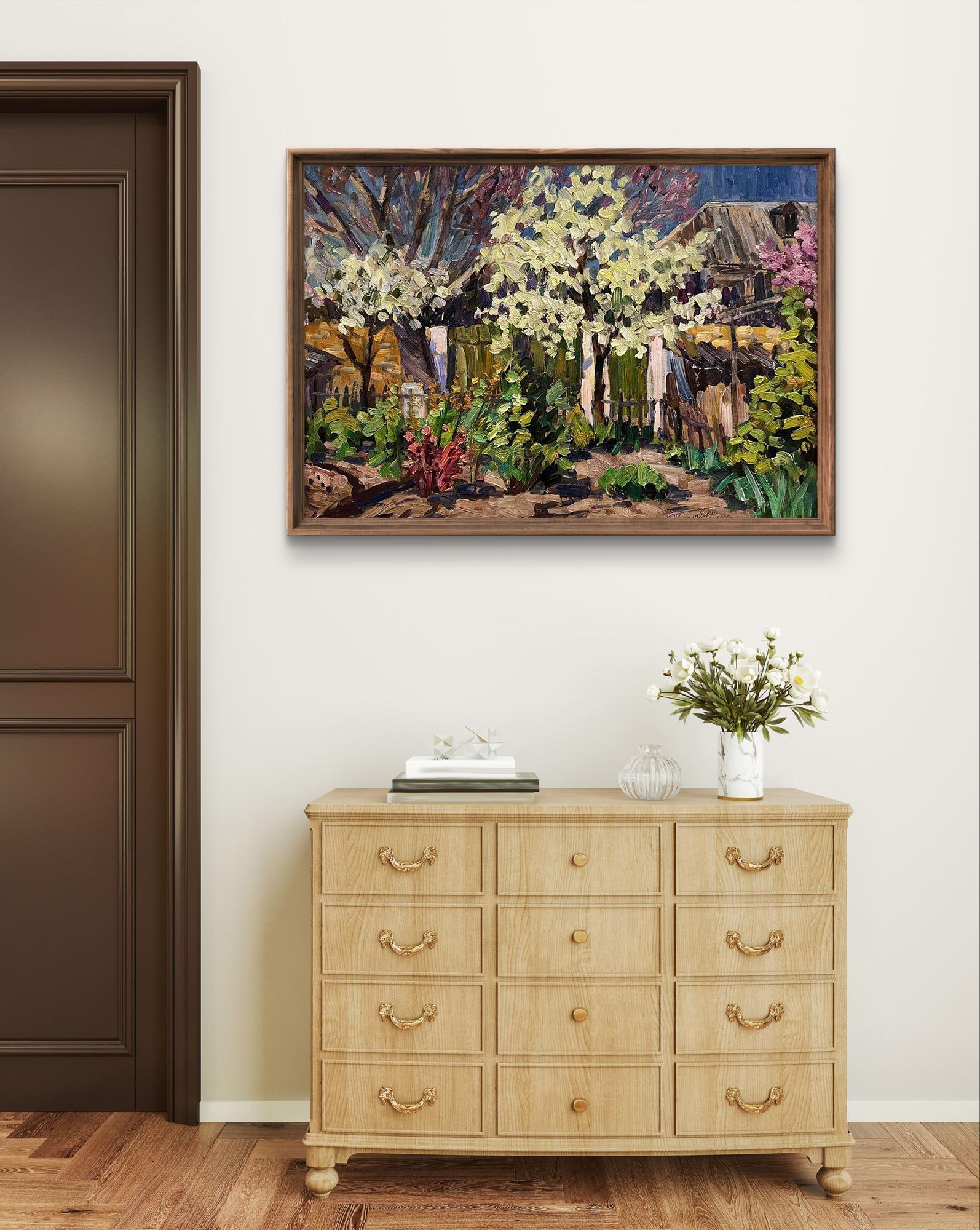 Oil painting Wild pear blossoms in the yard by Petro Kolomoytsev