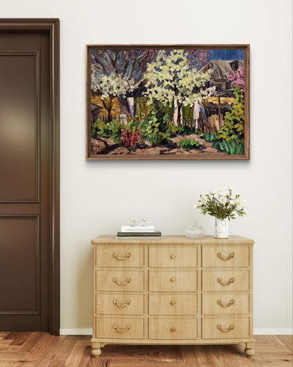 Oil painting Wild pear blossoms in the yard by Petro Kolomoytsev