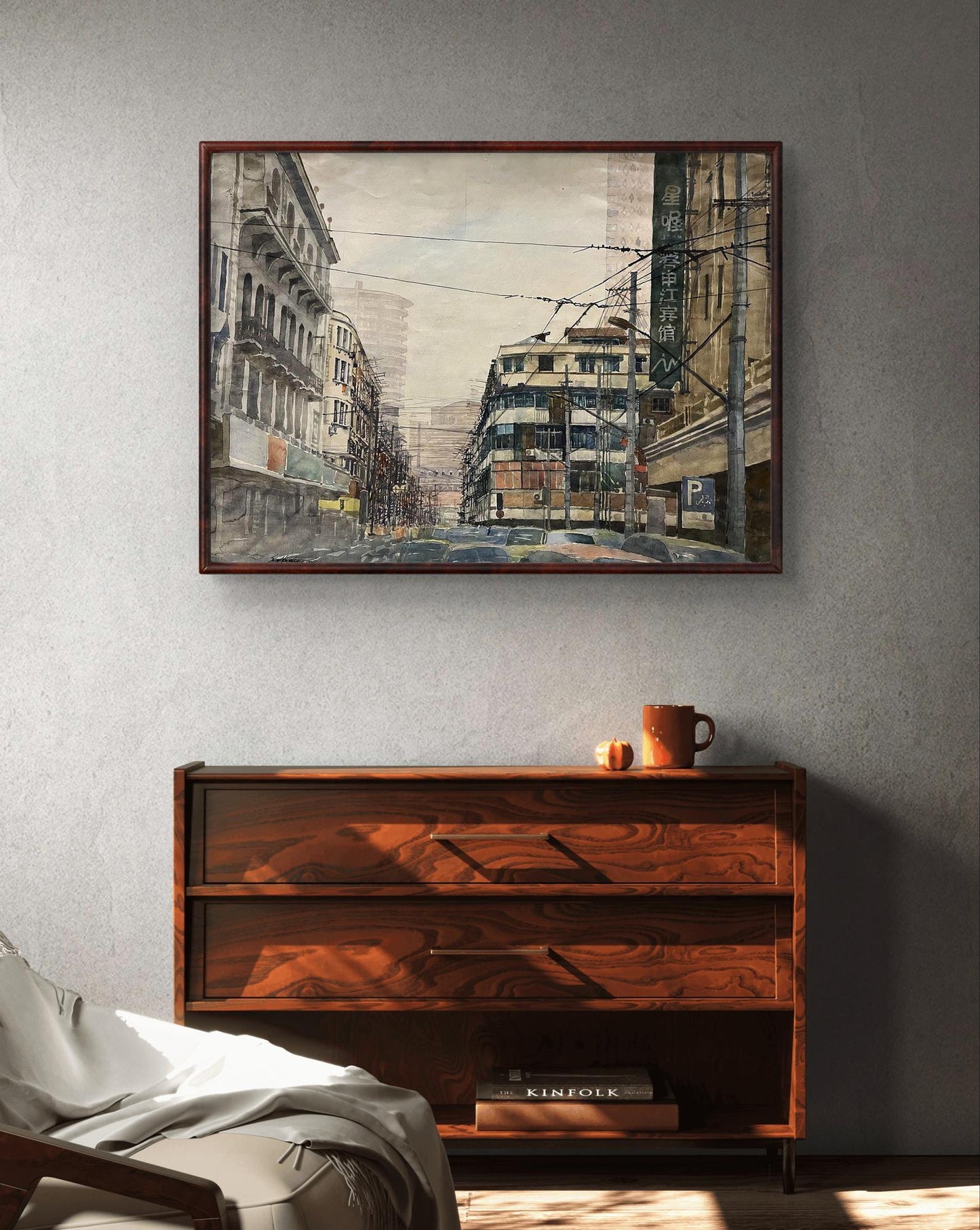 Framed watercolor painting of Shanghai street by Serhiy Kovalev