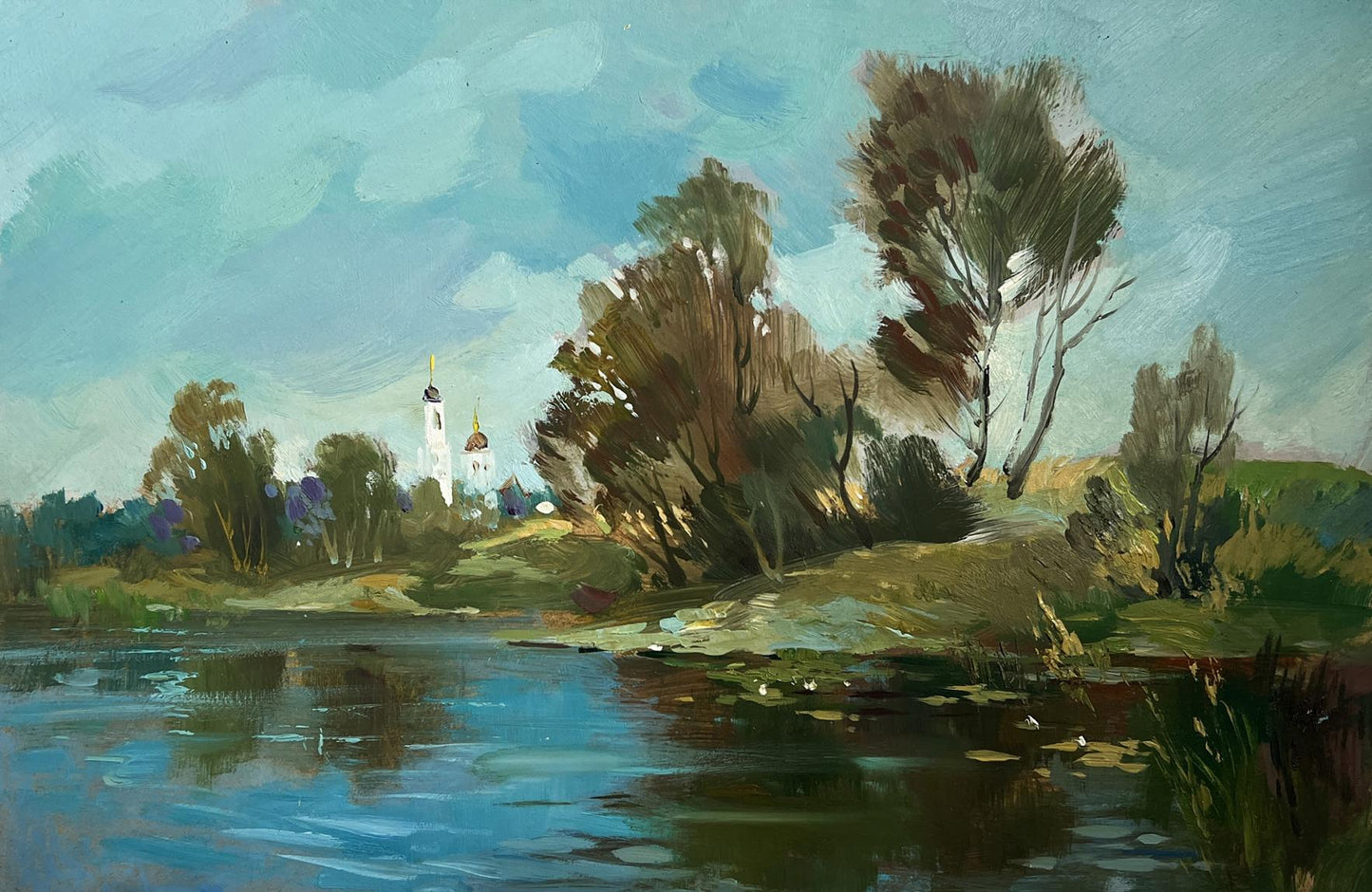Serene oil painting by Yuriy Suprunchuk: lake behind village with river reflection