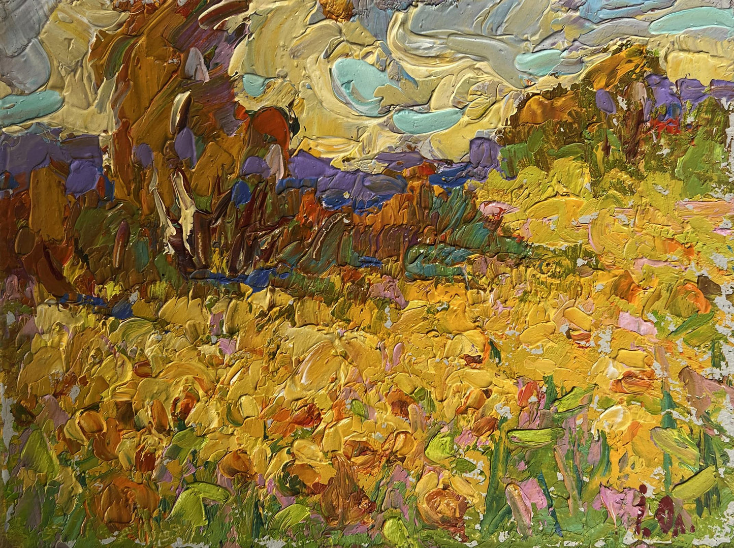Vibrant impressionist oil painting of huge sunflower fields by Oleksiy Ivanyuk