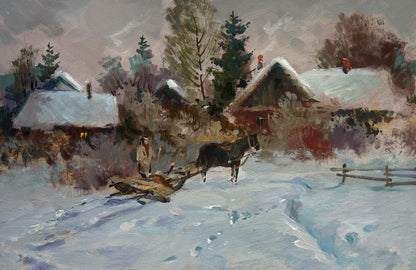 Oil painting of snow-covered village with red roofs by Yuriy Suprunchuk