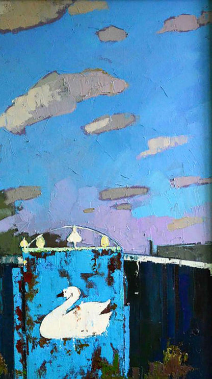 White swan oil painting by Natalia Korf-Ivaniuk on weathered blue metal