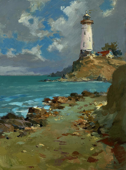 Oil painting of white lighthouse with red band on rocky cliff by Yuriy Suprunchuk