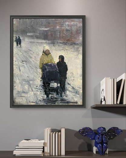 Framed oil painting Quiet Conversation by Volodymyr Pashchenko, snowy walk