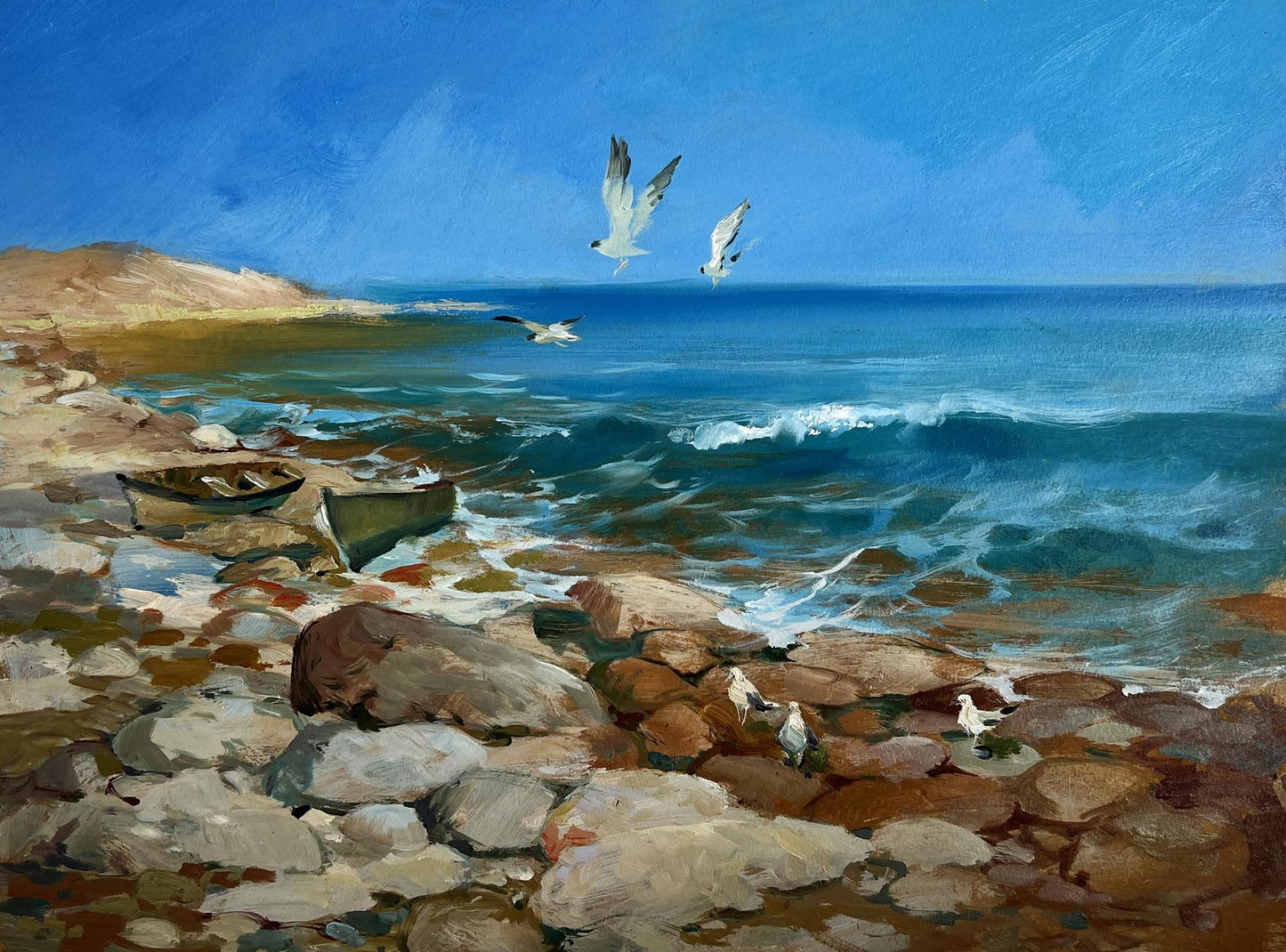 Oil painting of rocky shore with boats, waves, birds sounds by Yuriy Suprunchuk