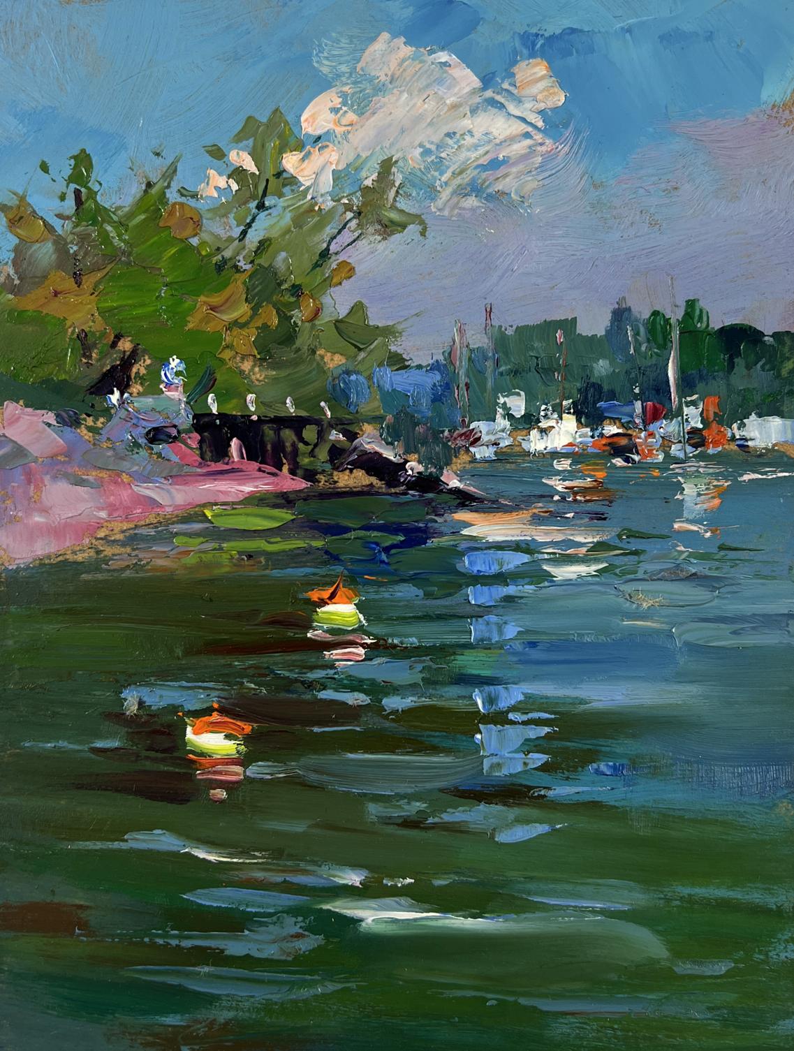 Vibrant impressionist oil painting of summer city river by Yuriy Suprunchuk