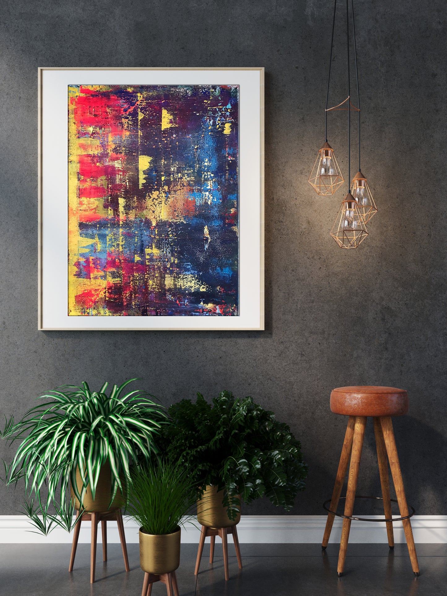 Abstract A Sleepless Night painting in white frame with bold red, yellow, blue, purple strokes